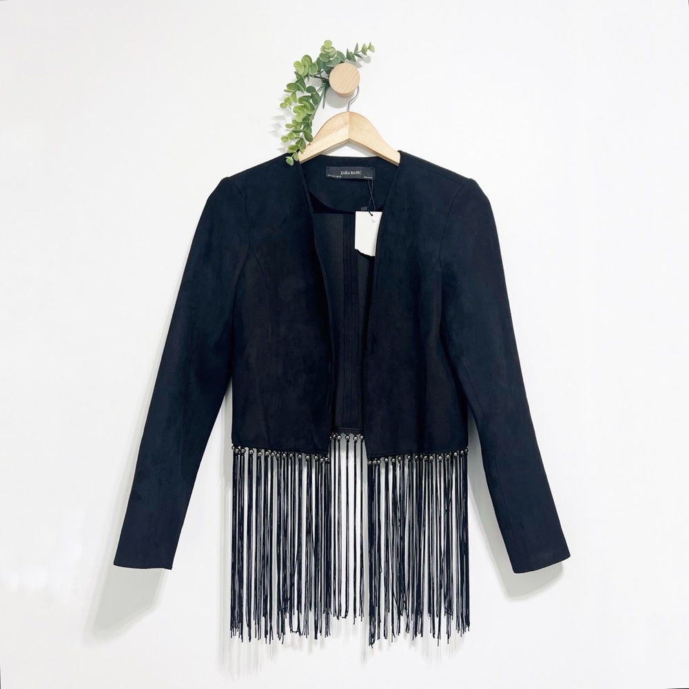 Zara Black NWT Faux Suede Fringe Cowgirl Country Festival Cropped Jacket